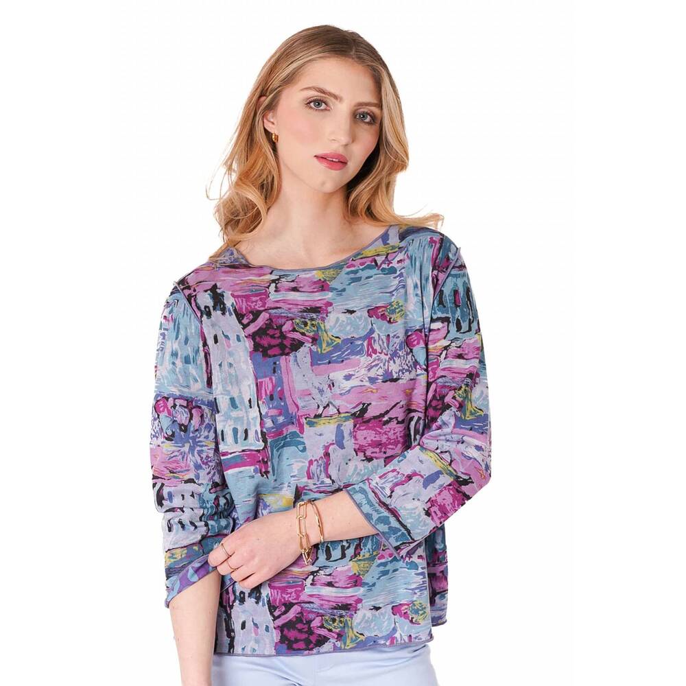 NEW TRISHA TYLER reversible printed crewneck top in seafoam/purple